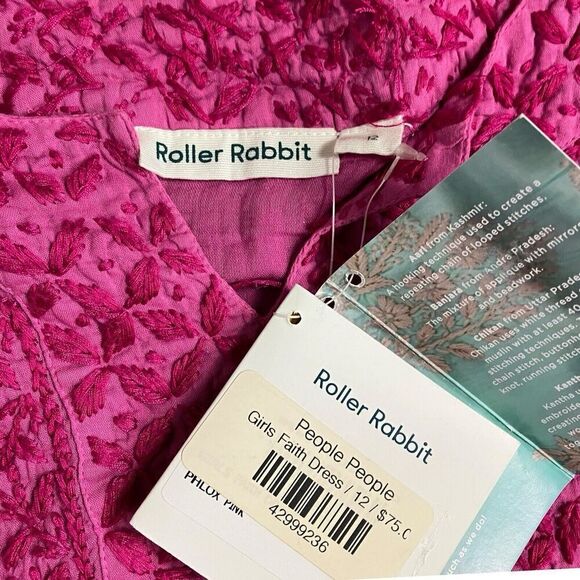 Roller Rabbit Dress Girls 12 Pink Embroidered Floral Faith Cap Sleeve - Picture 4 of 10